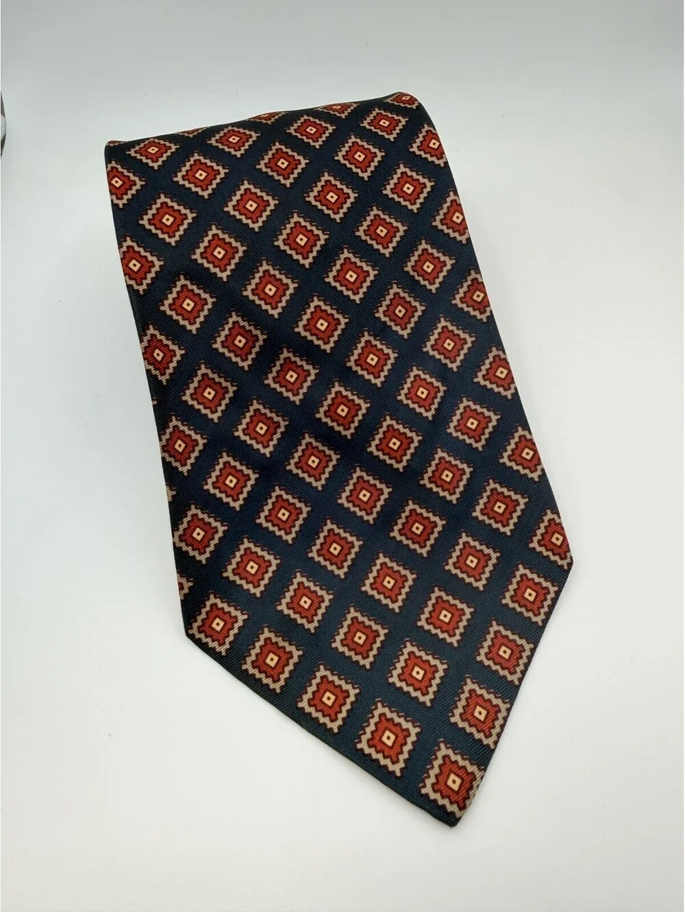 Ungers Mens Necktie Navy Red Tan Aztec Diamond Medallion Pattern
